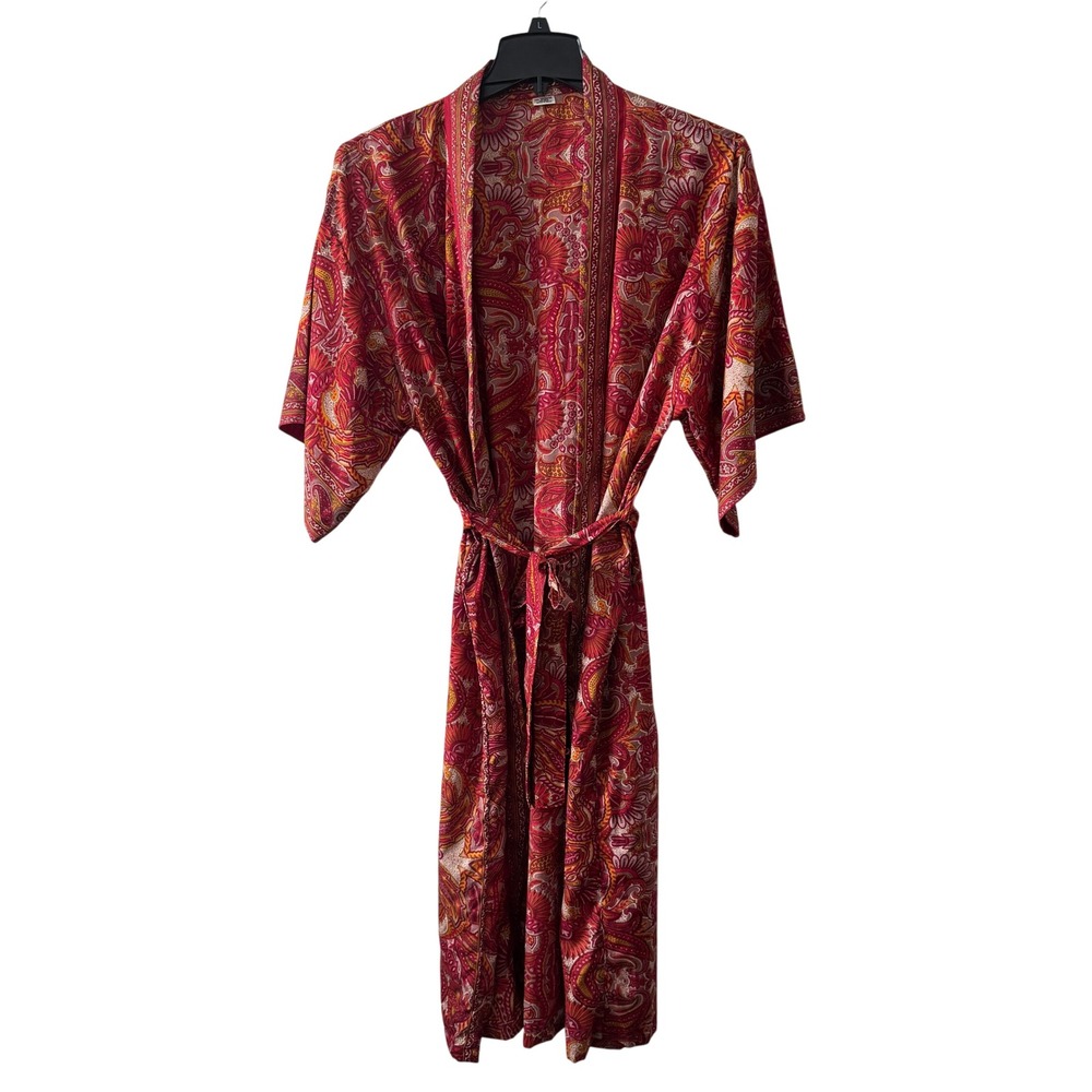 Vintage Silk Blend Paisley Long Robe Kimono Duster Red Gold One Size Retro Boho